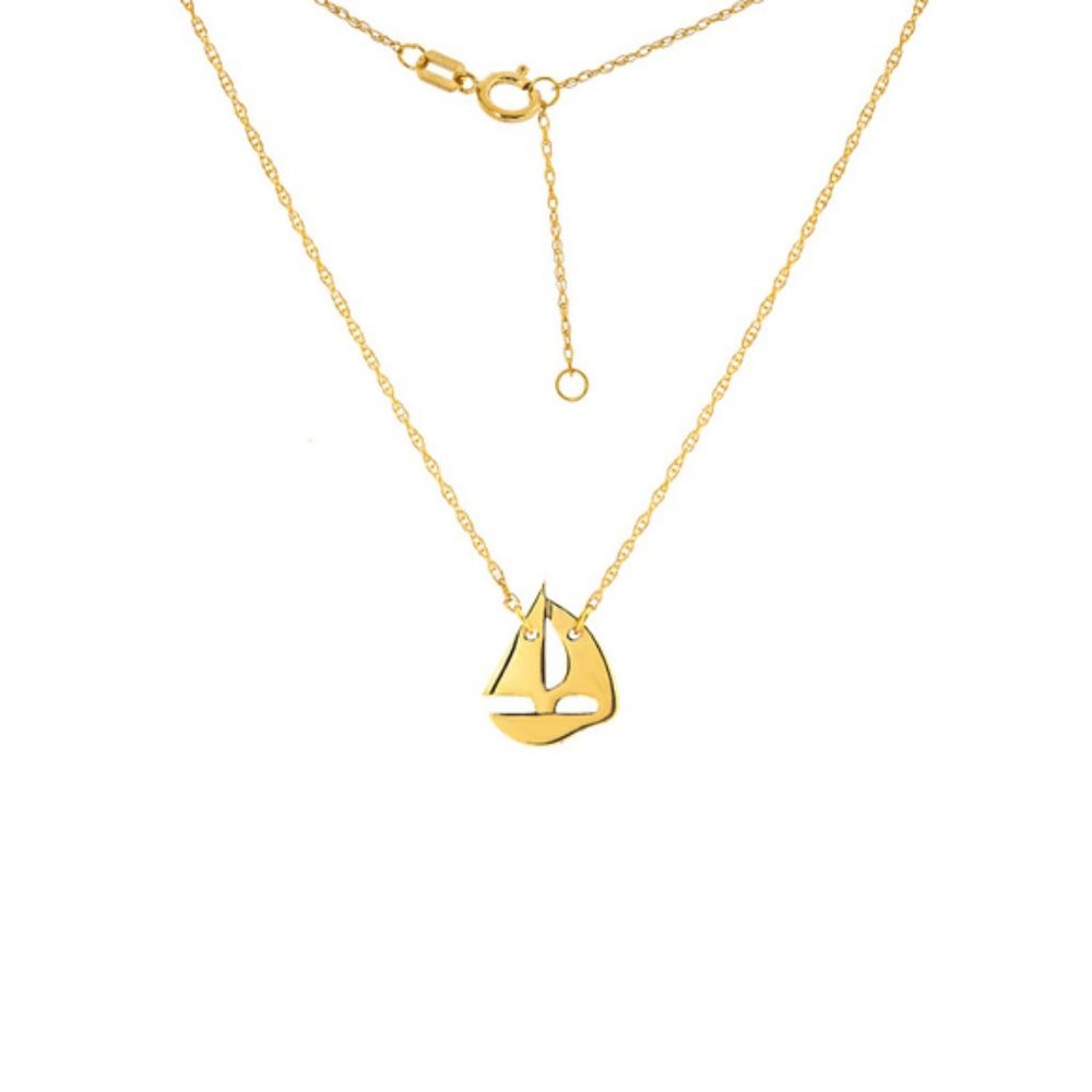 14K Solid Yellow Gold Sailing Boat Dainty Necklace